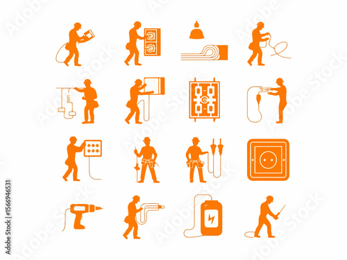 Collection of orange electrical worker icons demonstrating various tasks including wiring installation and tool usage presented in a clean silhouette style
