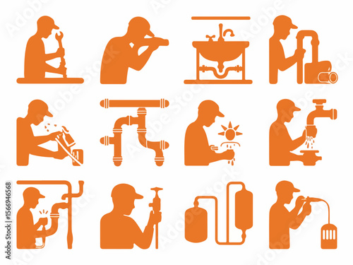 Collection of orange plumber silhouettes performing various tasks like fixing pipes installing sinks and working with water systems in a clean graphic style silhouette