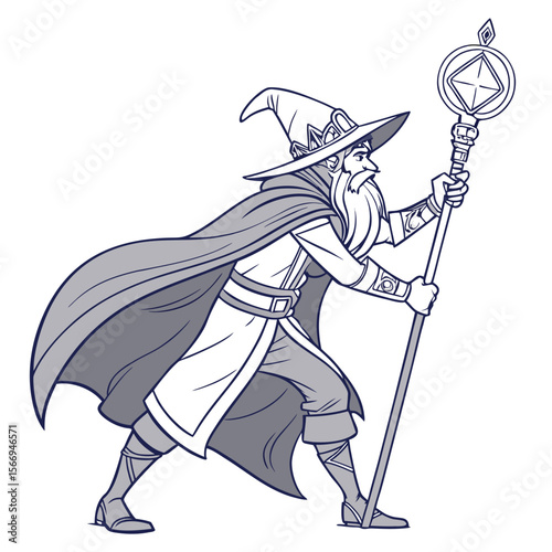 A whimsical fantasy wizard character illustration featuring a long flowing beard perfect for fantasy games book illustrations or magical themed designs with vibrant CMYK colors