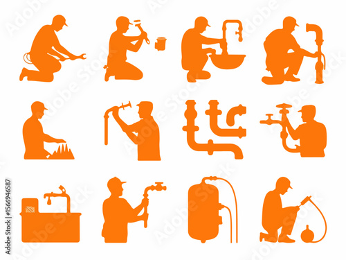 Collection of orange plumbing service icons depicting various tasks and equipment used by plumbers in a silhouette style