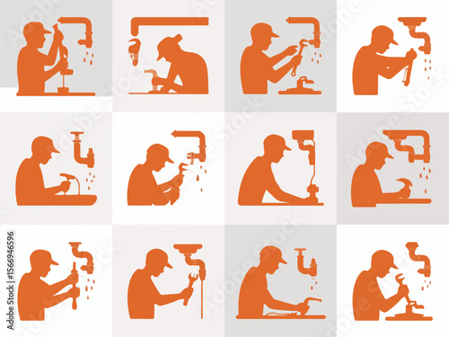 Collection of orange plumber silhouettes performing various repair and installation tasks on pipes and faucets showcasing different tools and actions in a graphic style silhouette