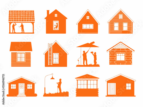 Collection of orange house icons and silhouettes depicting home maintenance and construction activities with people working on roofs and exteriors silhouette