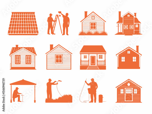 Collection of orange house and home maintenance icons featuring roofers painting and gardening activities in a clear silhouette style