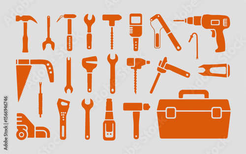 Collection of orange tool silhouettes including hammers wrenches drills saws and a toolbox on a light gray background silhouette