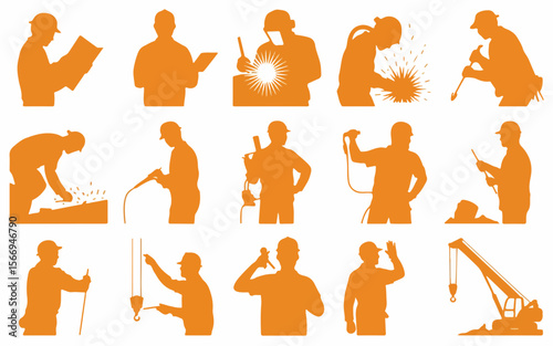 Collection of orange construction worker silhouettes performing various tasks including welding blueprint reading and operating machinery