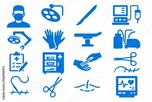 Collection of blue medical surgery icons in a clean silhouette style representing healthcare professionals and surgical equipment for hospital procedures