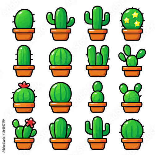 Cute Cactus Potted Plants Icon Set 16 Unique Designs for Websites and Apps