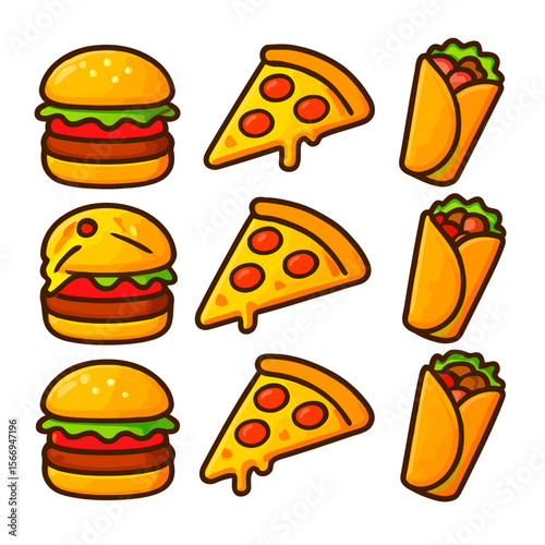 Delicious Fast Food Icons Burger, Pizza, and Kebab Vector Graphics Set
