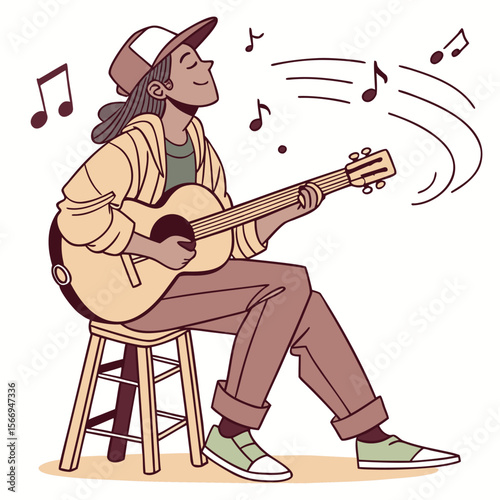 Male Musician Character Illustration Sitting on a Stool Playing Music