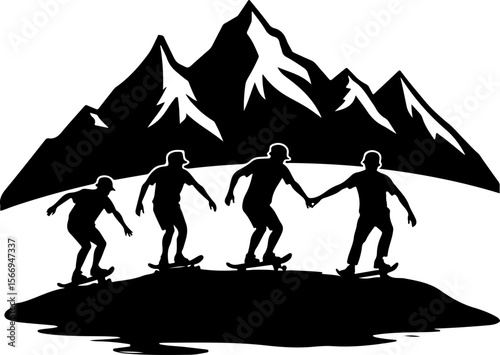 skateboard, skateboarding group, team, friends,  sport, action,  fun, celebration, mountain vector bundle