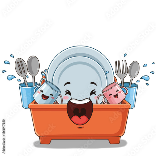 Joyful Dishes Cartoon Illustration of Happy Kitchenware in a Dish Rack,  Smiling Plates, Cups, and Utensils