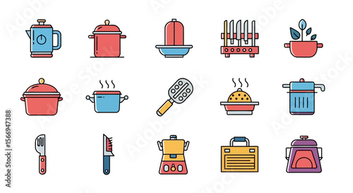 Colorful Kitchen Equipment Icons A Comprehensive Vector Set for Culinary Designs