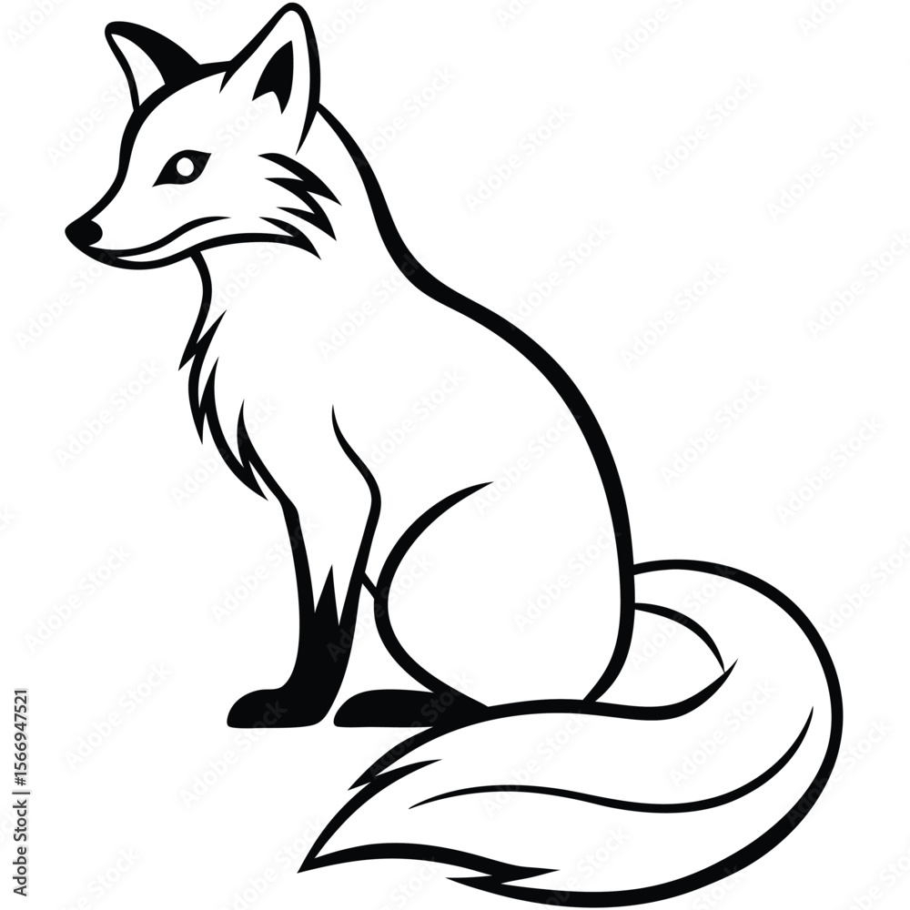 Obraz premium Elegant Black and White Fox Illustration: Sitting Profile, Calm and Serene Animal Design.