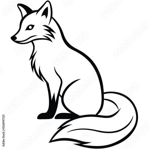 Elegant Black and White Fox Illustration:  Sitting Profile, Calm and Serene Animal Design.