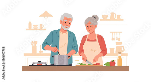 An elderly couple preparing food together in their home kitchen, one stirs the pot, the other chops vegetables on a wooden cutting board.