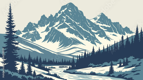 Mountain landscape vector illustration with snow peaks and forest river for outdoor adventure design