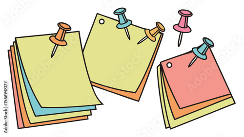 Sticky notes with push pins vector illustration for reminders and organization with colorful paper sheets pinned up