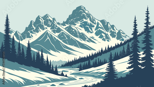 Mountain landscape vector illustration snowy peaks pine trees river scenic view nature background wallpaper design