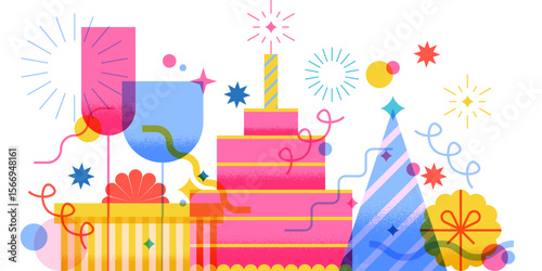 Birthday greeting card, vector celebration illustration. Design elements for holiday party invitation, banner, poster