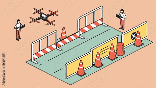 Drone obstacle course training and testing for new pilots with safety cones and barriers for skill practice