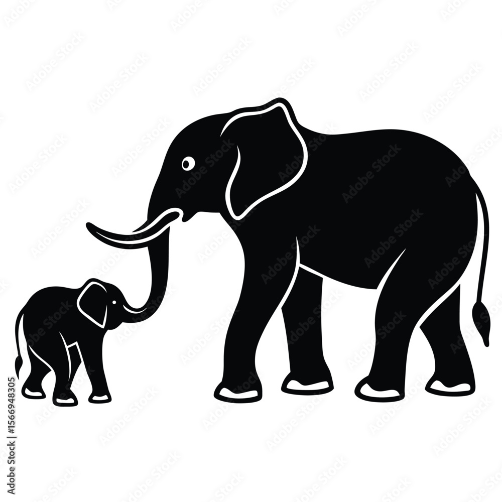 Fototapeta premium Black and white stylized illustration of a mother elephant and her calf, showcasing a tender and protective mood.