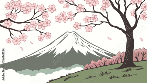 Cherry blossom tree with mount fuji scenic landscape art illustration vector background wallpaper design