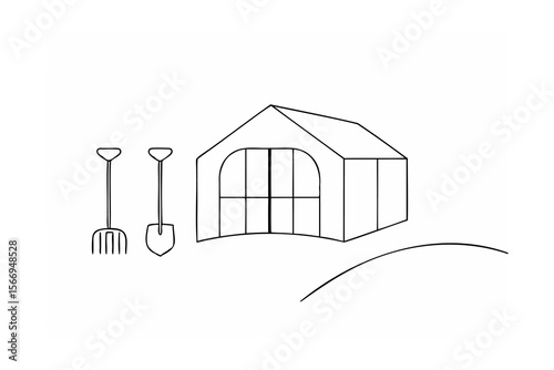 Black line drawing of garden shed with tools and curved line on white background