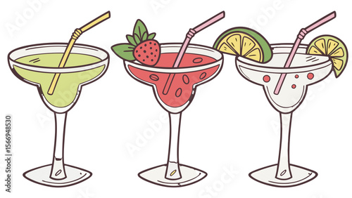 Delicious summer cocktails margarita drinks with strawberry lime and refreshing beverages vector illustration