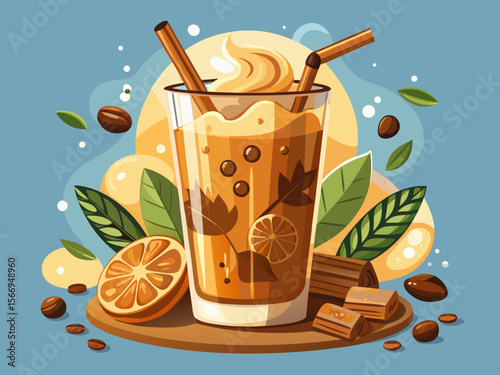 vector of Cold tea, sweet tea in a tall glass. With cinnamon stick and coffee beans. Tea milk foam