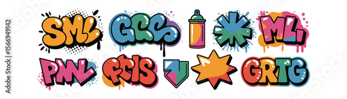 Collection of colorful graffiti style designs with various words and shapes on a white background