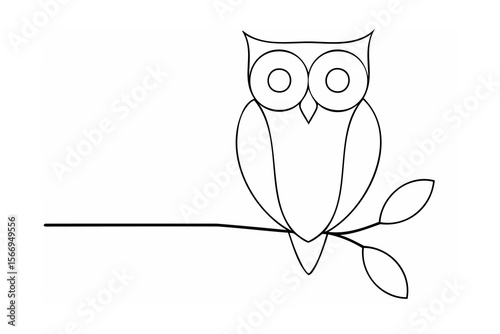Black and white owl illustration perched on a branch with leaves