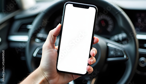 A person's hand holding a smartphone with a blank screen in a car's interior.