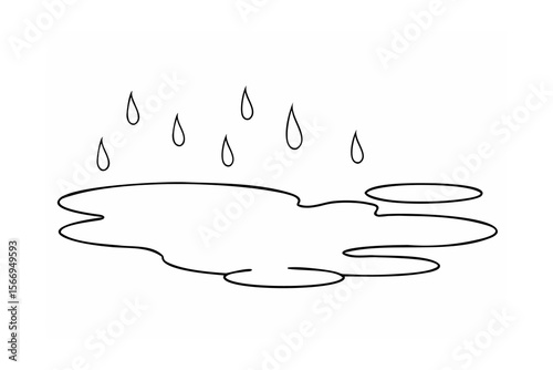 Black line drawing of raindrops falling into a puddle on white background