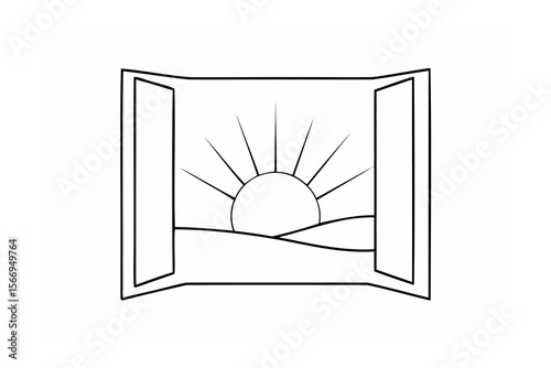 Black and white window view of sun rising over hills