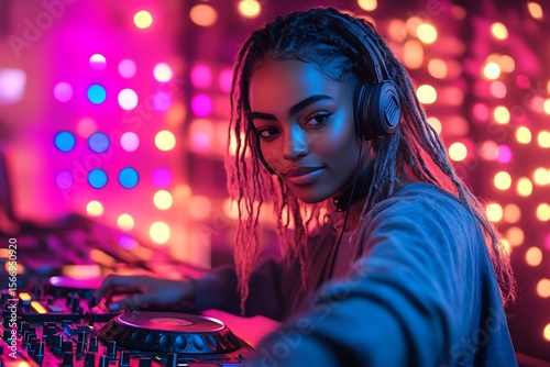 Female DJ Mixing Music at Night Club