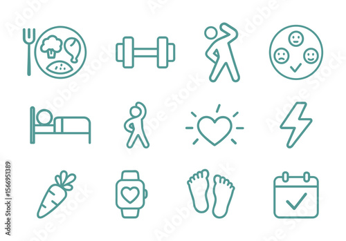 Healthy lifestyle icons including food, fitness, heart, and wellness elements. Ideal for apps, posters, health blogs, and nutrition plans
