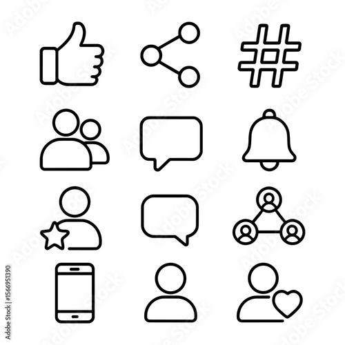 Social media, communication, and user interaction icons in minimal outline style. Perfect for apps, websites, messengers, and UI design