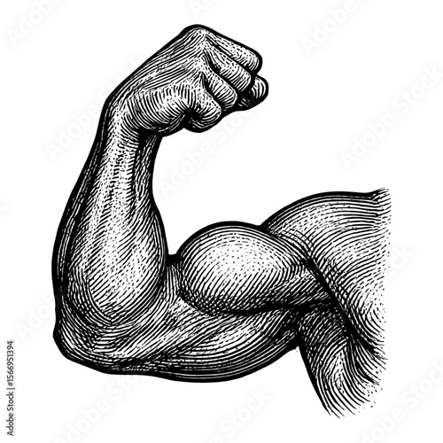 Vintage engraved muscular arm flexing, symbol of strength and power. Suitable for fitness branding, gym posters, or retro designs