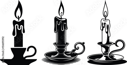 Vintage Candle Holder Silhouette Set, Dripping Wax Candles Vector Illustration.

