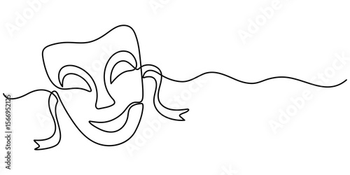 theater mask continuous one line drawing, theater mask tragedy and humor continuous line art, Theater mask tragedy and humor one line continuous line art. Character mask sketch. 