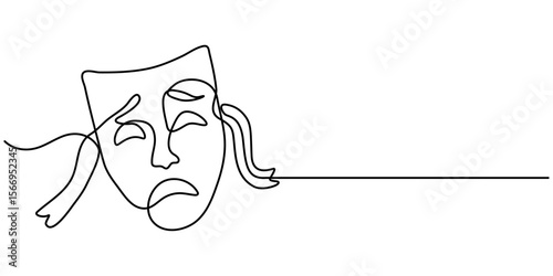 theater mask continuous one line drawing, theater mask tragedy and humor continuous line art, Theater mask tragedy and humor one line continuous line art. Character mask sketch. 