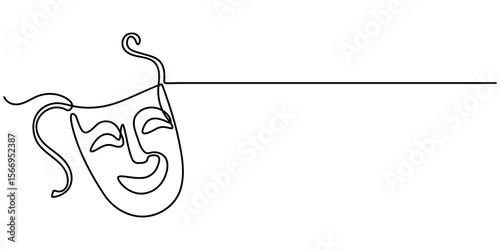 theater mask continuous one line drawing, theater mask tragedy and humor continuous line art, Theater mask tragedy and humor one line continuous line art. Character mask sketch. 