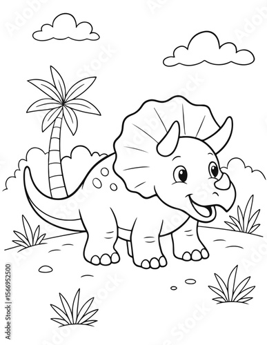 Vector line art featuring a smiling Triceratops. Ideal for children's activities, printable crafts, educational resources, and playful design projects. Outline for easy coloring books