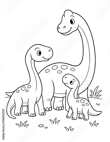 Vector illustration of Brontosaurus parent with two baby dinosaurs. Ideal for children's coloring book activities, printable crafts, educational resources, focusing on dinosaurs or family themes.