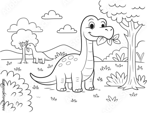 Pattern_roseOutline vector illustration of a happy cartoon Brontosaurus dinosaurus munching on leaves, set in a prehistoric landscape with trees, hills, and clouds. Perfect for children's coloring boo