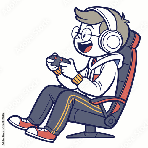 A cool gamer dog illustration features a cartoon canine wearing headphones possibly streaming or playing video games rendered in a colorful vector style suitable for