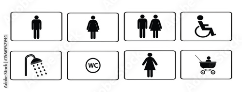 Collection of universal accessibility and facility icons including men women disabled shower and baby changing