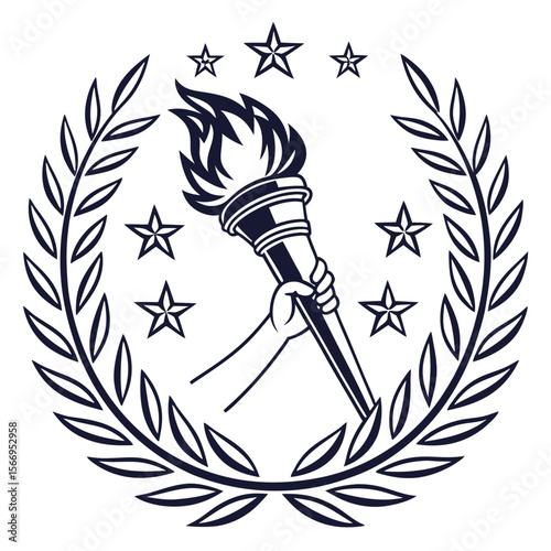 A stylized vector logo design featuring a raised torch ideal for symbols of hope guidance or achievement rendered in clean lines and vibrant CMYK colors