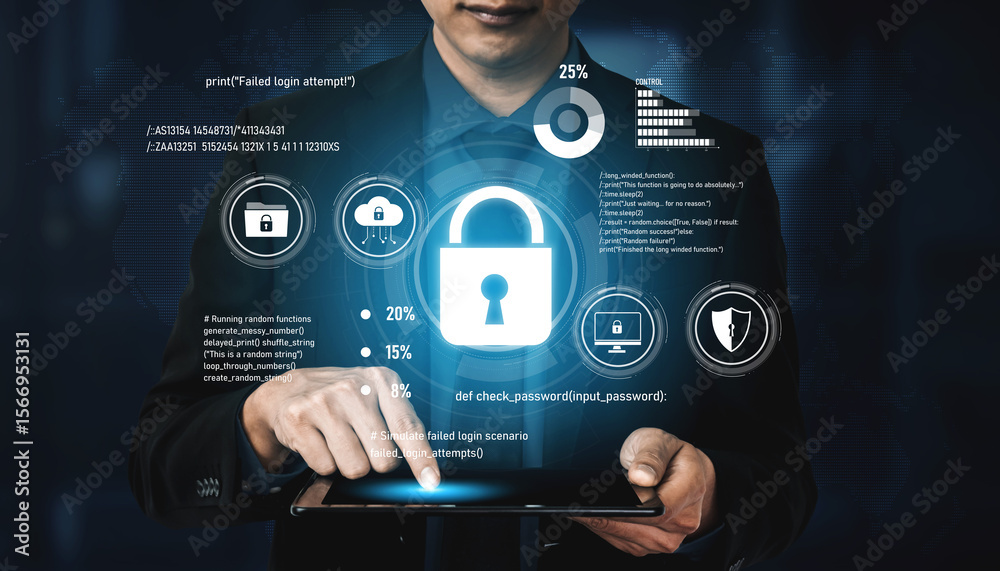 Obraz premium Cyber security protects against breaches, hacks, and network attacks using strong infrastructure and proactive digital defense strategies. Vouch