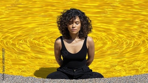 Woman Meditating by Yellow Water in Lotus Position on Beach
